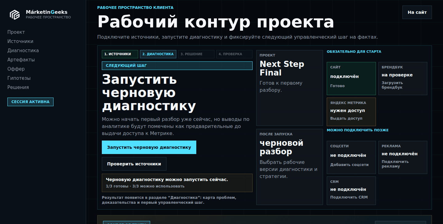 Рабочее пространство AI-операционной системы маркетинга MárketinGeeks